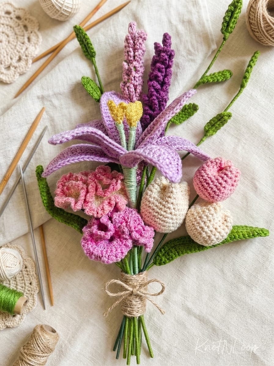 A crochet bouquet on the work table with needles and yarn cones